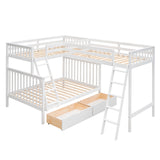 L-Shaped Twin over Full Bunk Bed and Twin Size Loft Bed with Two Storage Drawers,White - Home Elegance USA