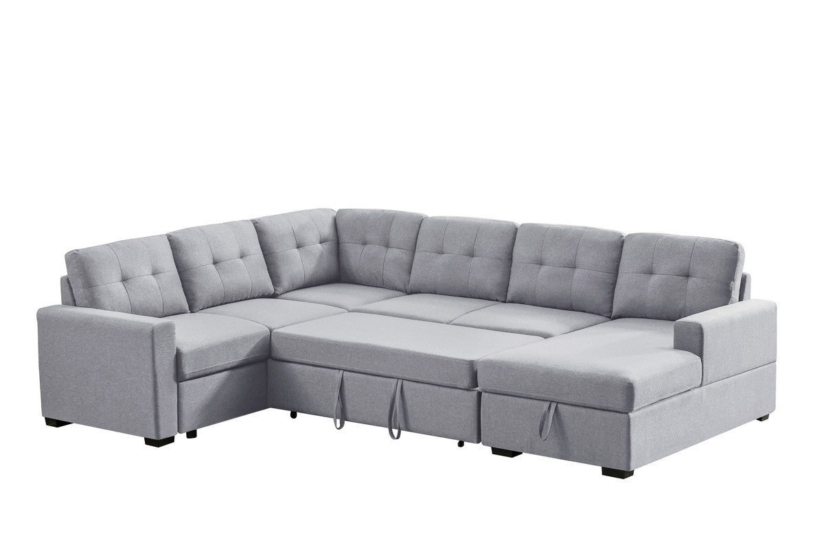 Selene Light Gray Linen Fabric Sleeper Sectional Sofa with Storage Chaise - Home Elegance USA