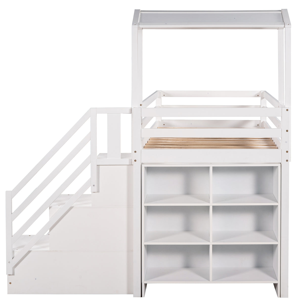 Twin over Full House Roof Bunk Bed with Staircase and Shelves, White - Home Elegance USA