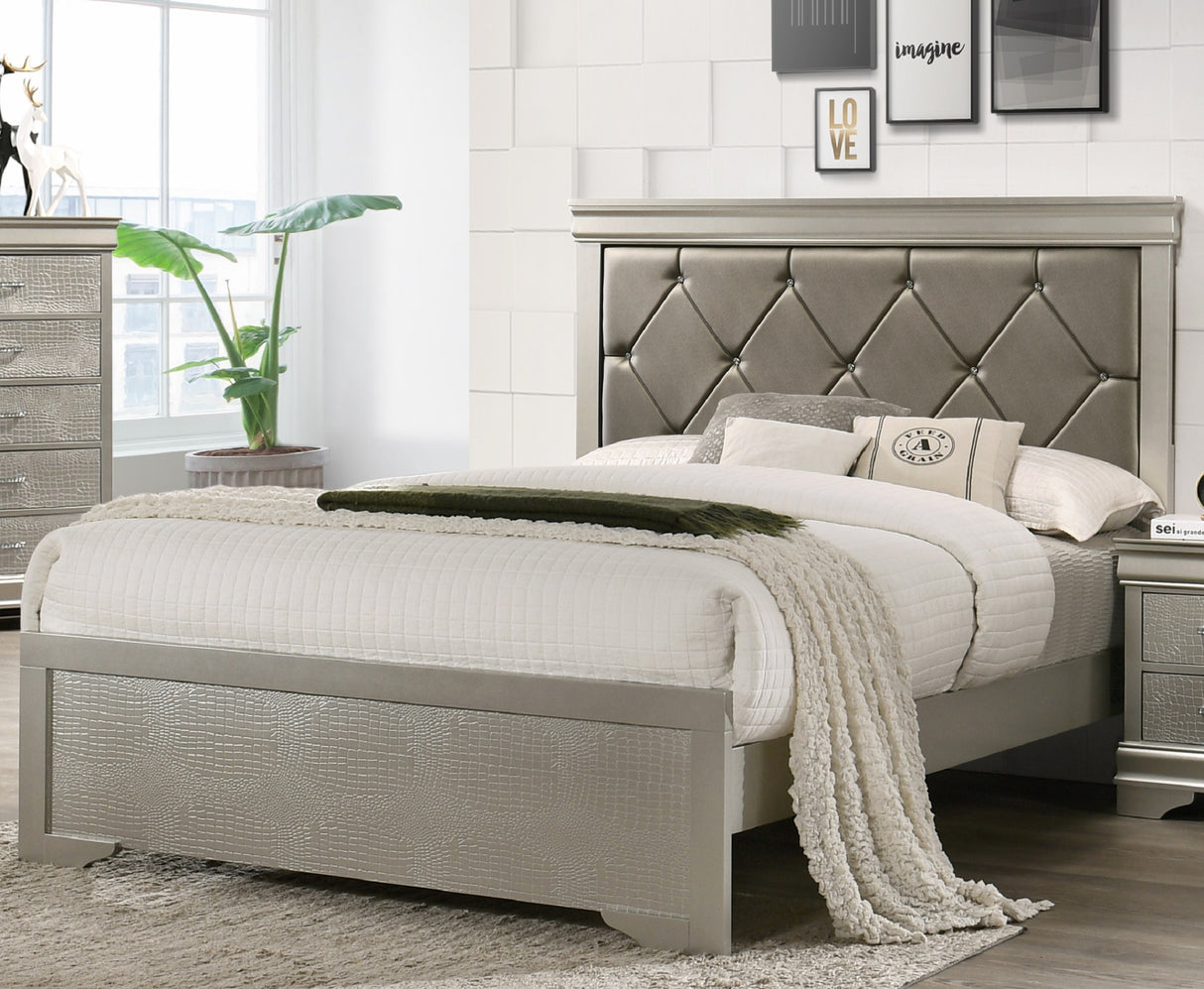 Modern 1pc Beige Champagne Finish Queen Size Panel Bed Wooden Crocodile Texture PU Upholstered Headboard Crystal-Like Button Tufted Fabric Bedroom Furniture - Home Elegance USA