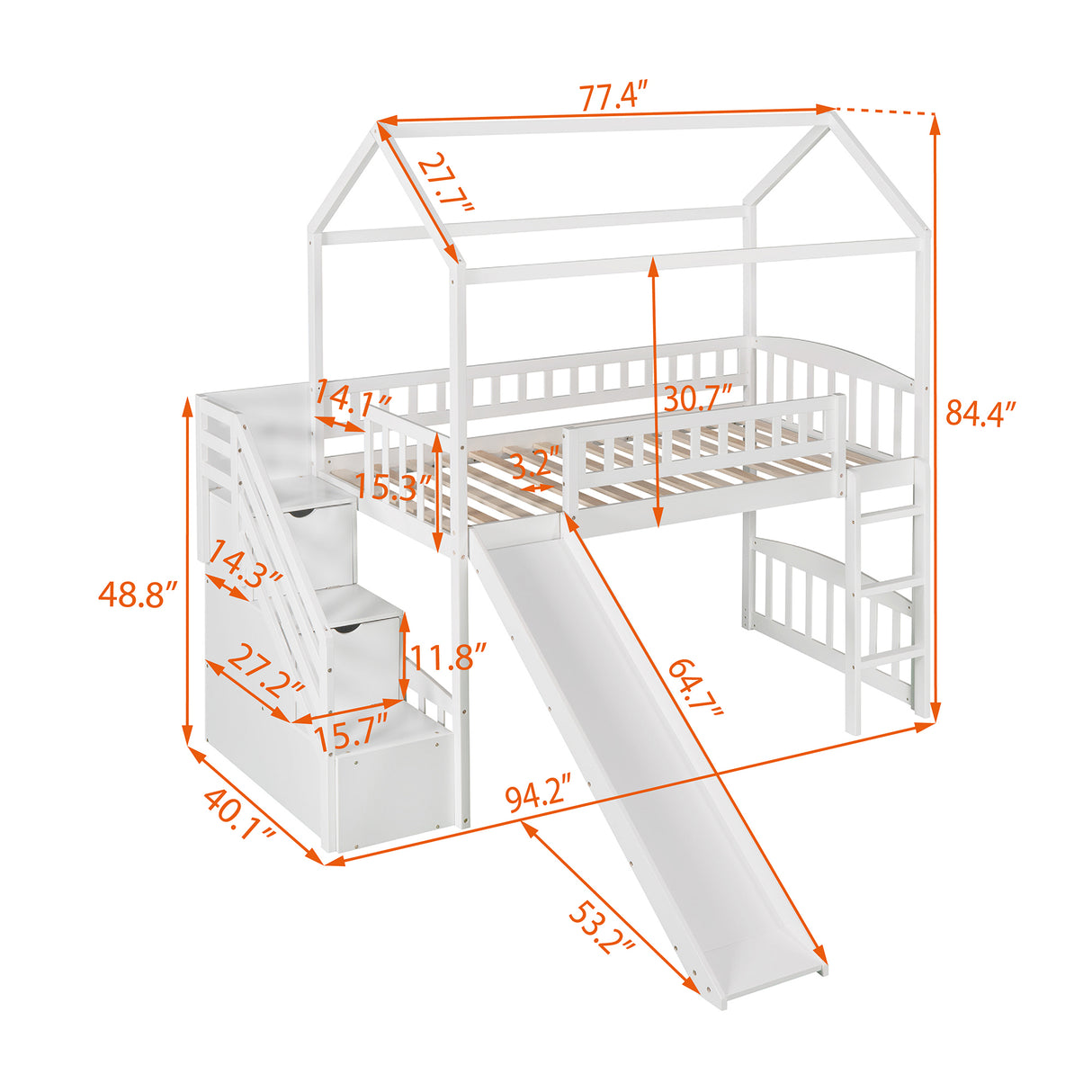 Twin Loft Bed with Two Drawers and Slide, House Bed with Slide, White (Old SKU: LP000130AAK) - Home Elegance USA