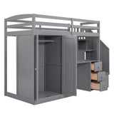 Twin Size Loft Bed with Wardrobe and Staircase, Desk and Storage Drawers and Cabinet in 1,Gray - Home Elegance USA