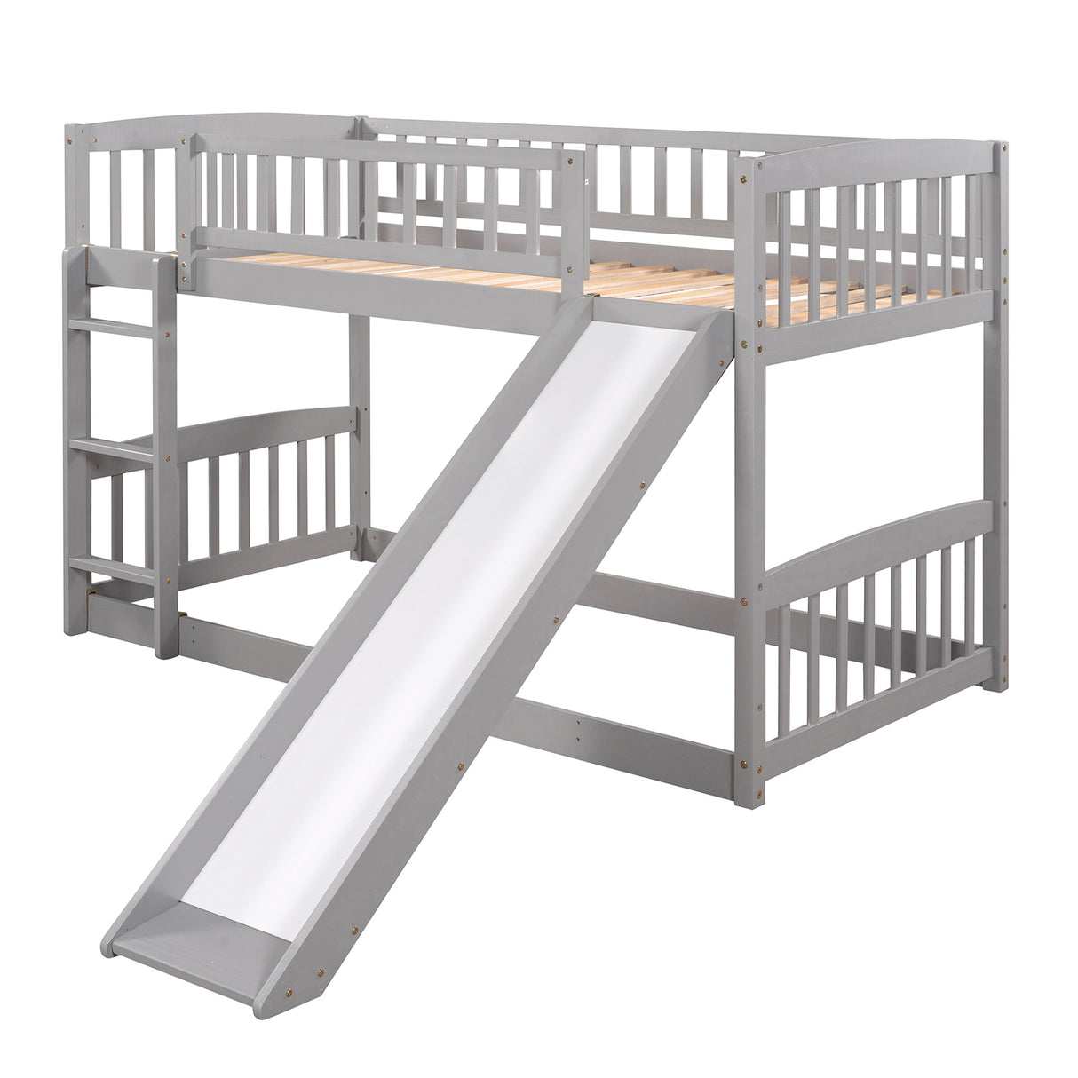 Bunk Bed with Slide,Twin Over Twin Low Bunk Bed with Fence and Ladder for Toddler Kids Teens Grey - Home Elegance USA