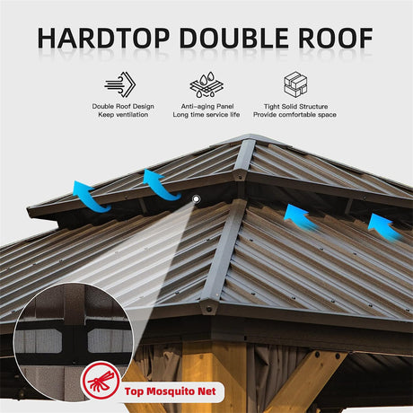 Brown Cedar Wood 12'x12' Hardtop Gazebo: Galvanized Steel Roof, Curtains, Netting - Ideal for Patio, Backyard, Lawn