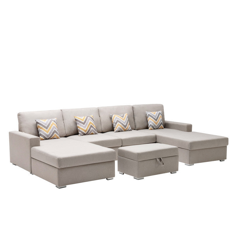 Nolan Beige Linen Fabric 5Pc Double Chaise Sectional Sofa with Interchangeable Legs, Storage Ottoman, and Pillows - Home Elegance USA