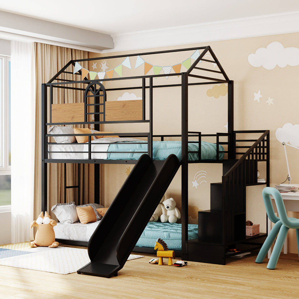 Twin Over Twin Metal Bunk Bed ,Metal Housebed with Slide and Storage Stair,Black with Black Slide(OLD SKU:LP000195AAB) - Home Elegance USA