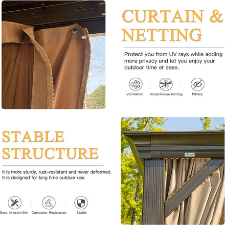 12x20 Hardtop Gazebo, Outdoor Aluminum Frame Canopy with Galvanized Steel Double Roof, Outdoor Permanent Metal Pavilion with Curtains and Netting for Patio,Backyard and Lawn (Brown)