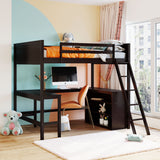 Full size Loft Bed with Shelves and Desk, Wooden Loft Bed with Desk - Espresso - Home Elegance USA