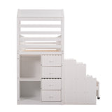 Stairway Twin Over Full Bunk Bed, House Bed with Two Shelves and Seven Drawers,White - Home Elegance USA