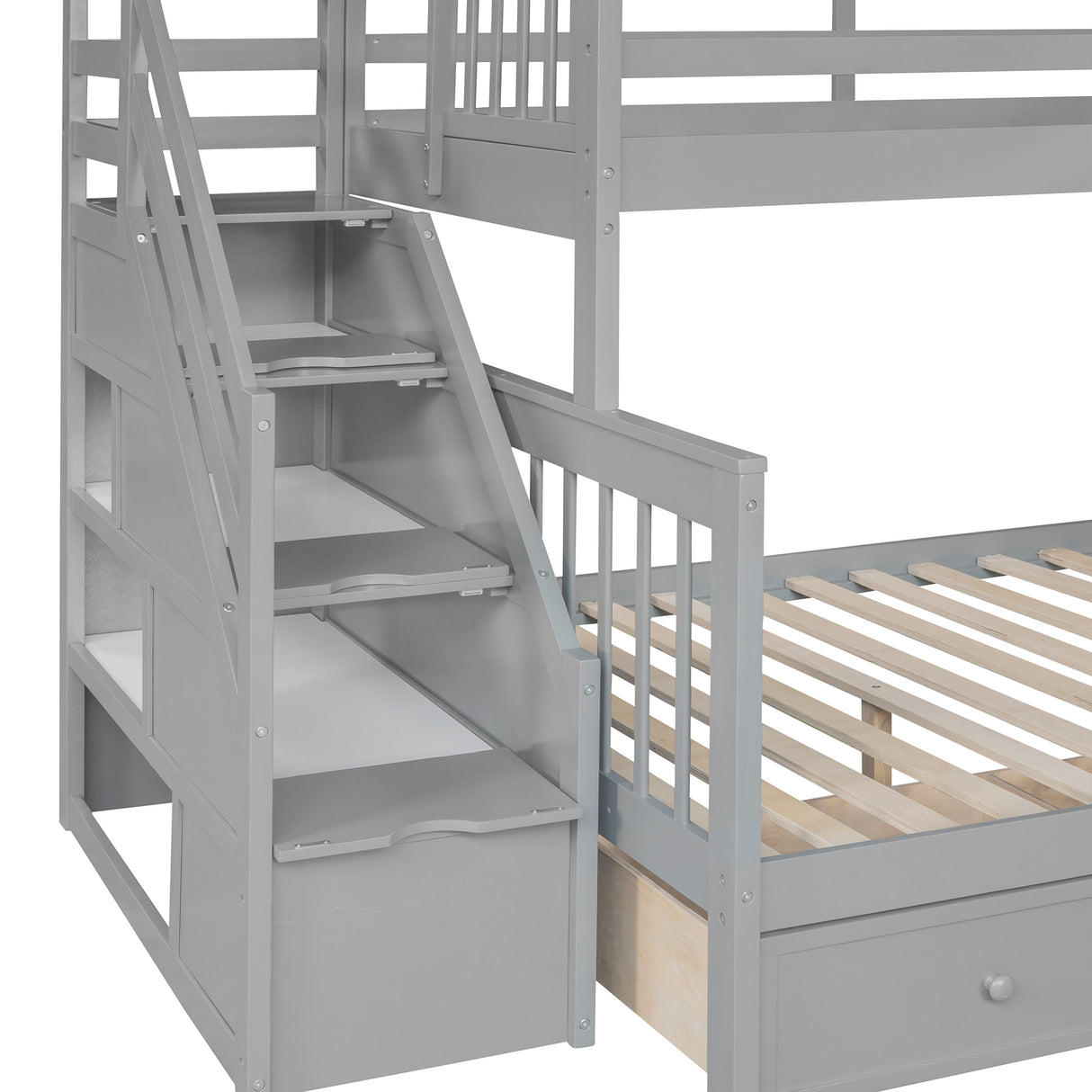 Twin over Full L-Shaped Bunk Bed With 3 Drawers, Ladder and Staircase - Gray - Home Elegance USA