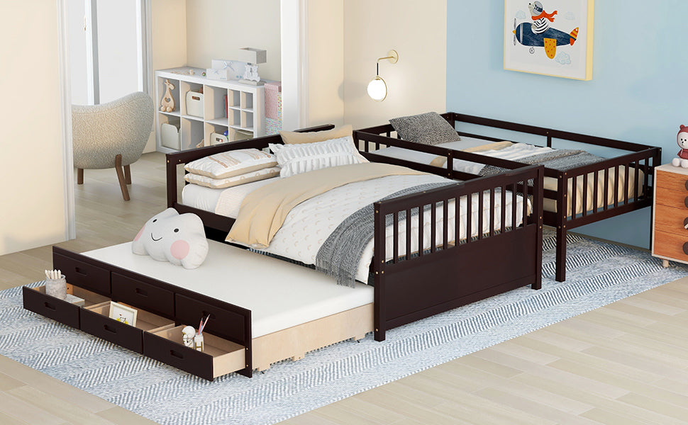 Twin-Over-Full Bunk Bed with Twin size Trundle , Separable Bunk Bed with Drawers for Bedroom - Espresso - Home Elegance USA