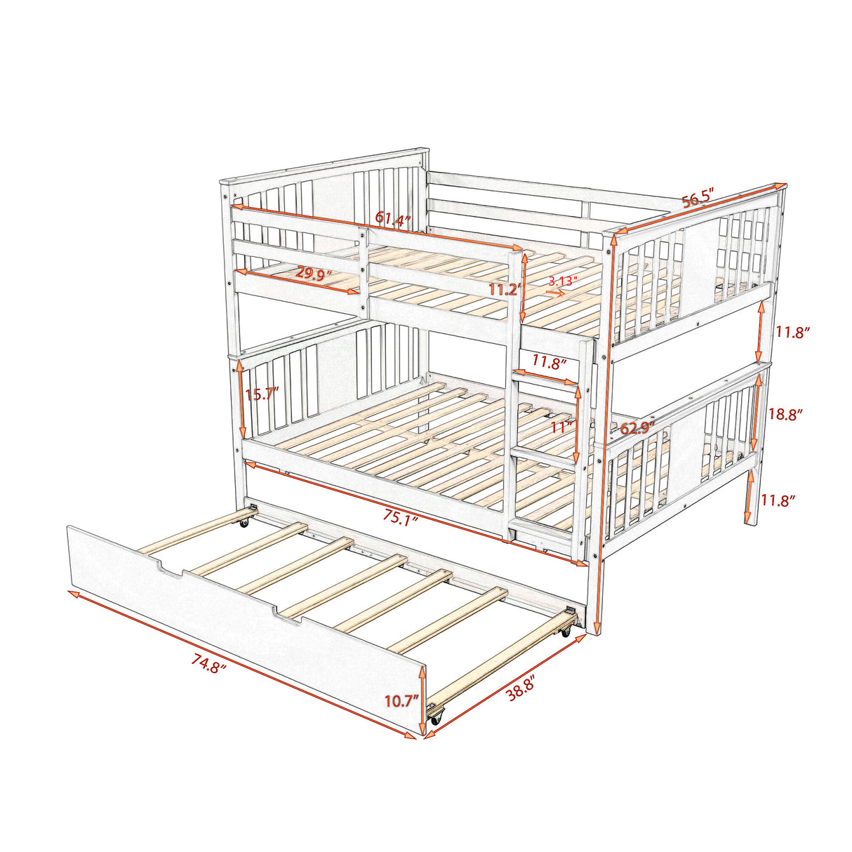 Full over Full Bunk Bed with Twin Size Trundle and Ladder-White(Old SKU: LP000204AAP) - Home Elegance USA