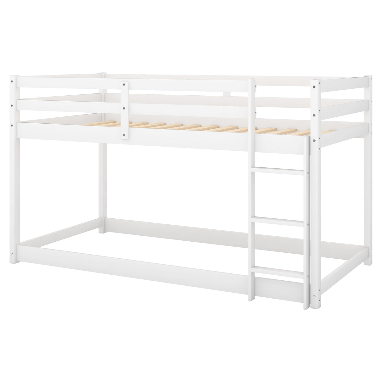 Twin over Twin Floor Bunk Bed with Ladder , White(Old SKU:WF281727AAK/WF286602AAK) - Home Elegance USA