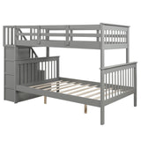 Stairway Twin-Over-Full Bunk Bed with Storage and Guard Rail for Bedroom, Dorm, fo Adults, Gray color - Home Elegance USA