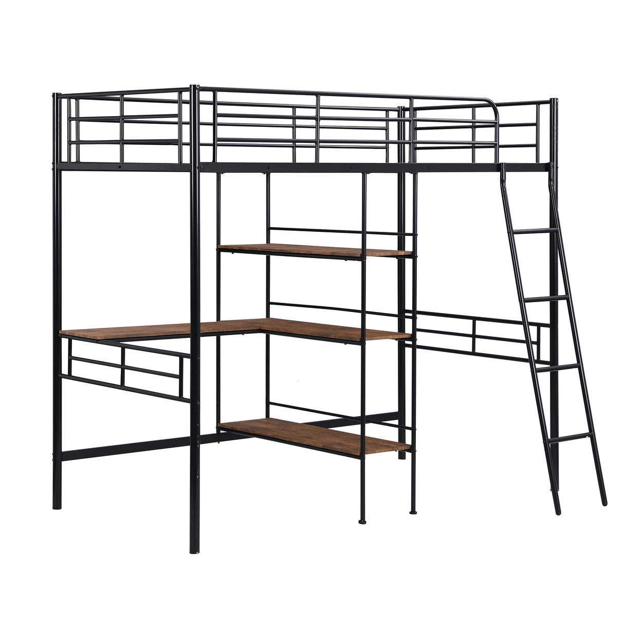 Twin Size Metal Loft Bed and Built-in Desk and Shelves,Black(OLD DKU:WF280270AAB) - Home Elegance USA