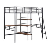 Twin Size Metal Loft Bed and Built-in Desk and Shelves,Black(OLD DKU:WF280270AAB) - Home Elegance USA