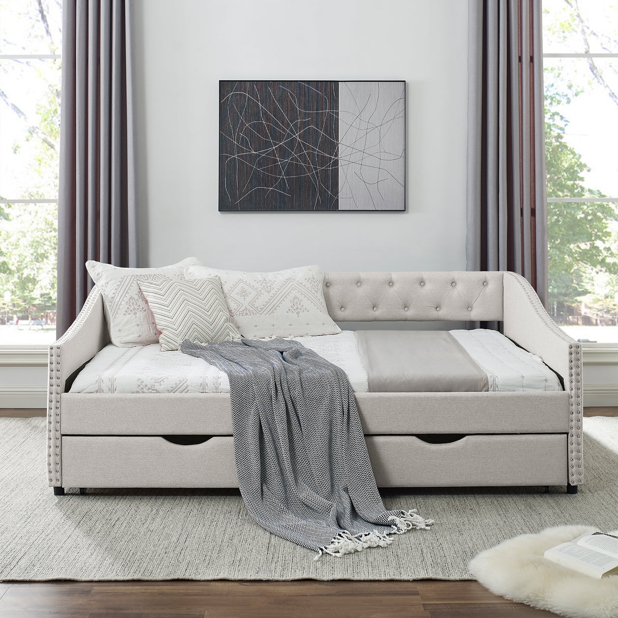 Full Size Daybed with Drawers Upholstered Tufted Sofa Bed, with Button on Back and Copper Nail on Waved Shape Arms，Beige（80.5“x55.5”x27.5“）