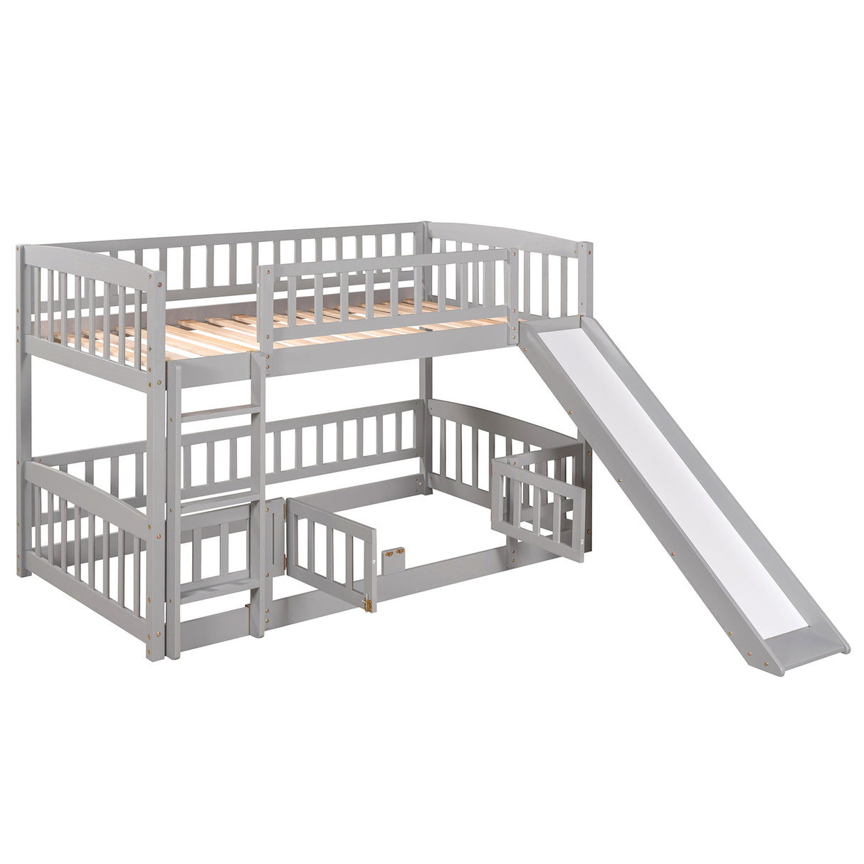 Bunk Bed with Slide,Twin Over Twin Low Bunk Bed with Fence and Ladder for Toddler Kids Teens Grey - Home Elegance USA