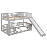 Bunk Bed with Slide,Twin Over Twin Low Bunk Bed with Fence and Ladder for Toddler Kids Teens Grey - Home Elegance USA