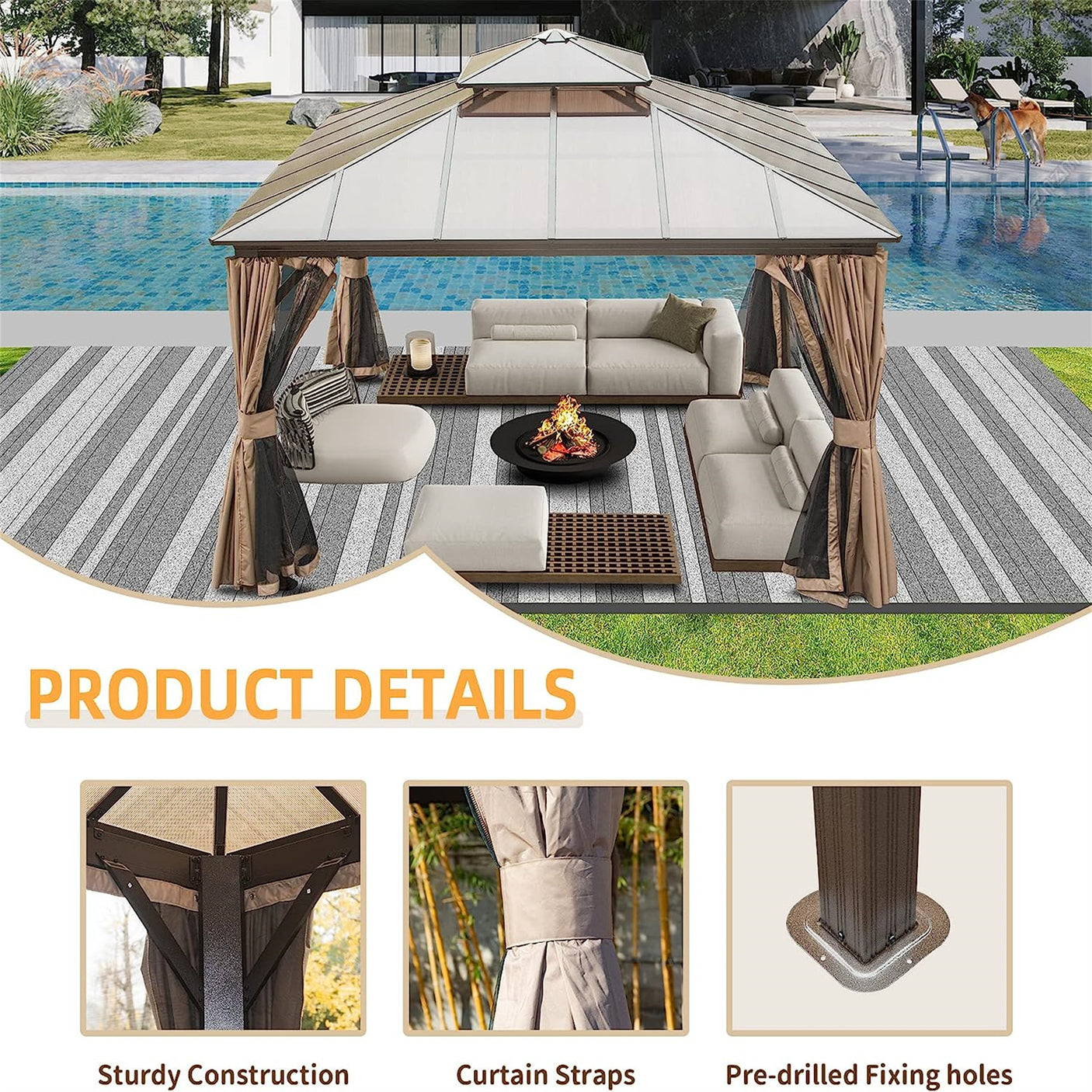 12'x12' Hardtop Gazebo, Permanent Outdoor Gazebo with Polycarbonate Double Roof, Aluminum Gazebo Pavilion with Curtain and Net for Garden, Patio, Lawns, Deck, Backyard(Brown)