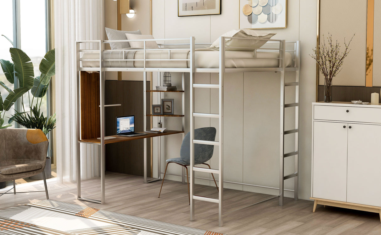 Full Size Metal Loft Bed with 2 Shelves and one Desk ,Silver (Old SKU: LP000191AAN )