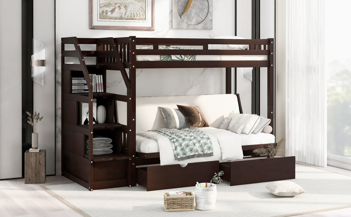 Twin over Full Bunk Bed with Two Drawers and Staircase, Down Bed can be Converted into Daybed,Espresso Home Elegance USA