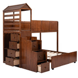 Stairway Twin Over Full Bunk Bed, House Bed with Two Shelves and Seven Drawers,Walnut - Home Elegance USA