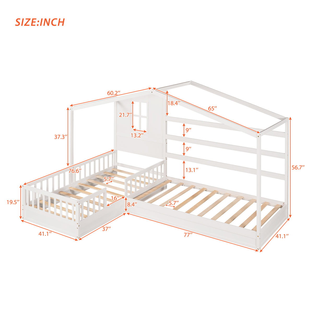 Wood House Bed Twin Size, 2 Twin Solid Bed L structure with fence and slatted frame （White) - Home Elegance USA