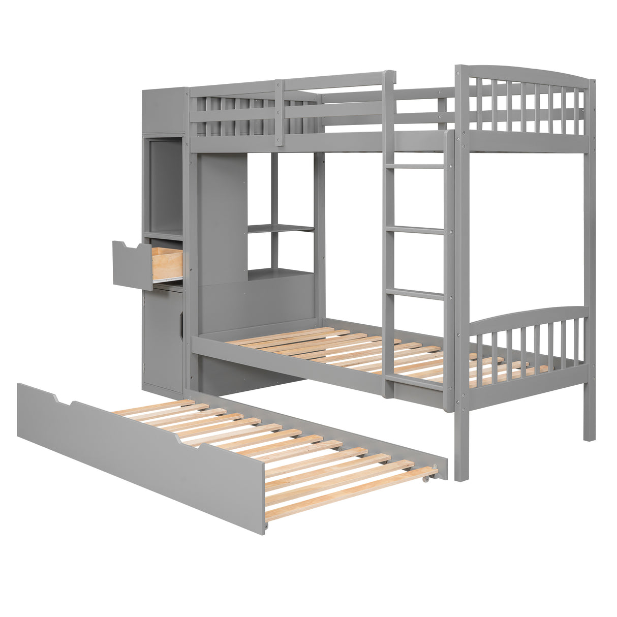 Twin Size Bunk Bed with Trundle and Attached Multifunctional Locker,Gray - Home Elegance USA