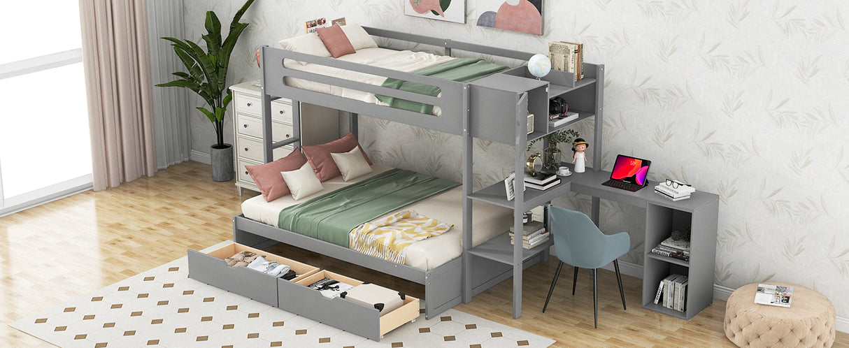 Wood Twin over Full Bunk Bed with Drawers, Shelves, Cabinets, L-shaped Desk and Magazine Holder, Gray - Home Elegance USA