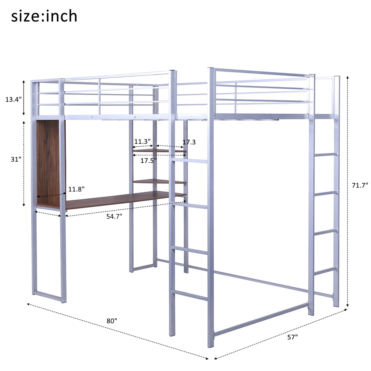 Full Size Metal Loft Bed with 2 Shelves and one Desk ,Silver (Old SKU: LP000091AAN )