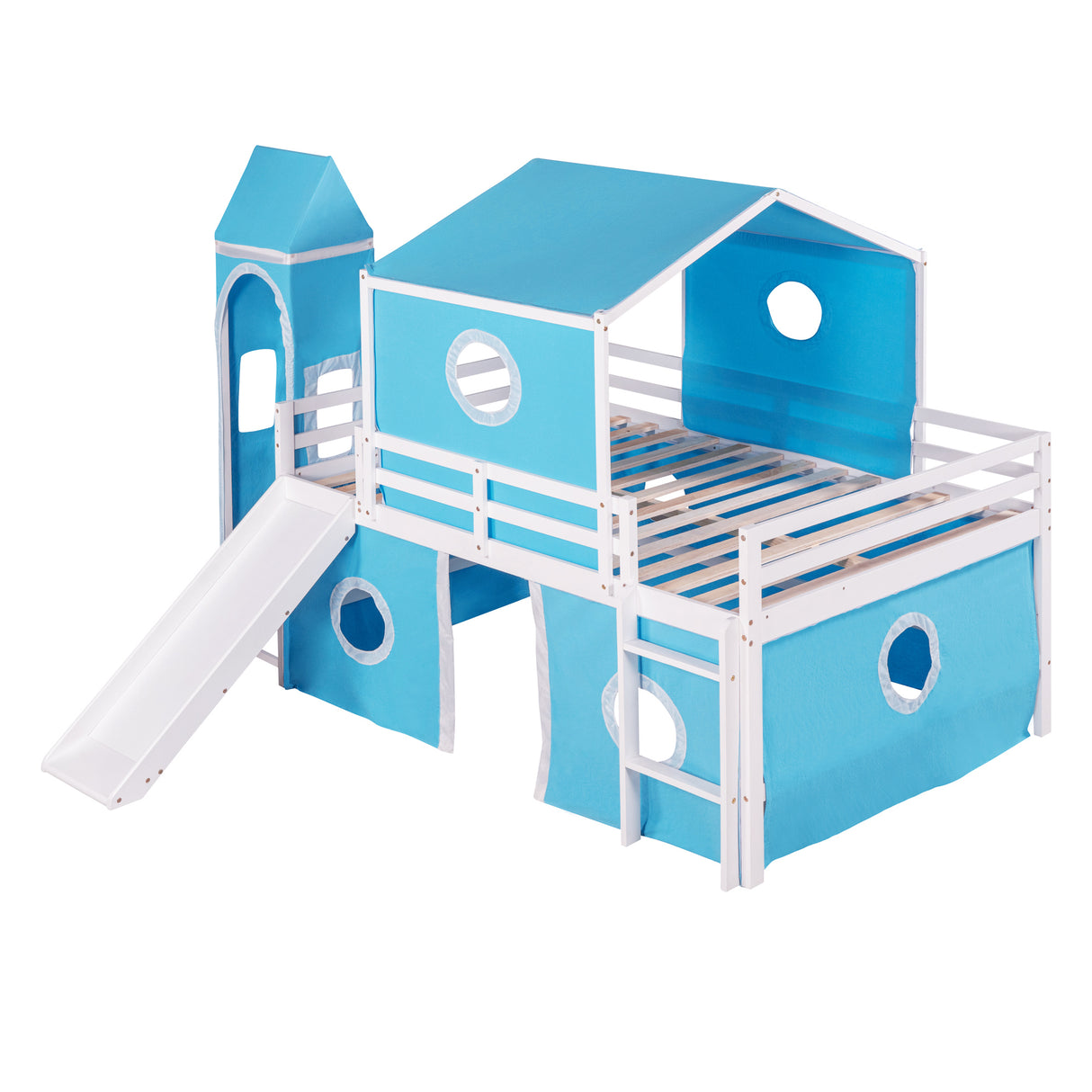 Full Size Bunk Bed with Slide Blue Tent and Tower - Blue - Home Elegance USA