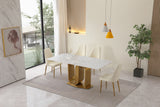 71" Contemporary Dining Table  Sintered Stone  U shape Pedestal Base in Gold finish with 6 pcs Chairs . - Home Elegance USA