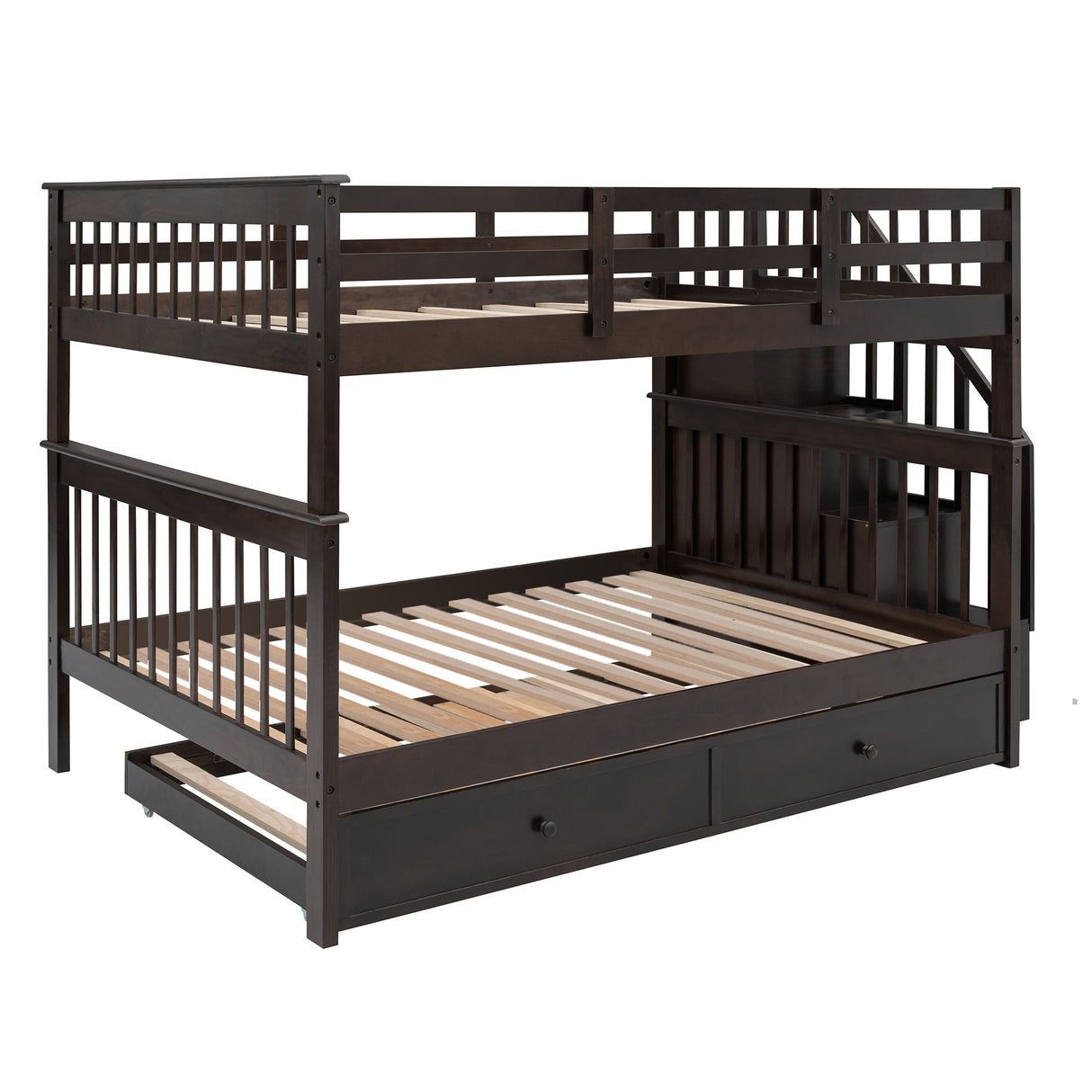 Stairway Full-Over-Full Bunk Bed with Twin size Trundle, Storage and Guard Rail for Bedroom, Dorm - Espresso(OLD SKU :LP001210AAP) - Home Elegance USA