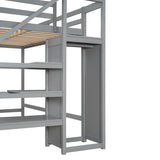 Full Size Loft Bed with Built-in Storage Wardrobe and Staircase,Gray - Home Elegance USA