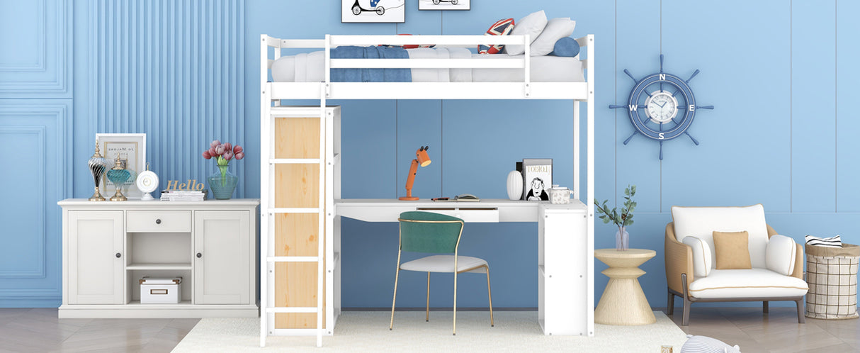 Twin Size Loft Bed with Ladder, Shelves, and Desk, White - Home Elegance USA