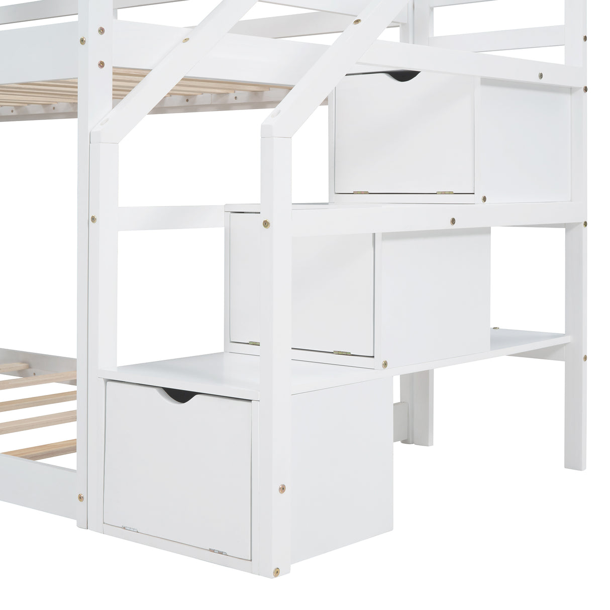 Twin Over Twin Bunk Bed with Storage Stairs,Wood Bed with Roof, Window, Guardrail, Ladder，White - Home Elegance USA