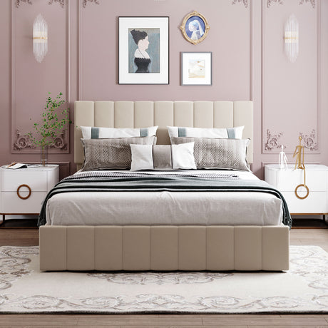 Queen size Upholstered Platform bed with a Hydraulic Storage System - Beige - Home Elegance USA