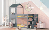 Twin Over Twin Bunk Bed with Storage Stairs,Wood Bed with Roof, Window, Guardrail, Ladder，Gray