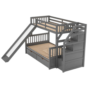 Twin over Full Bunk Bed with Drawers,Storage and Slide, Multifunction, Gray - Home Elegance USA