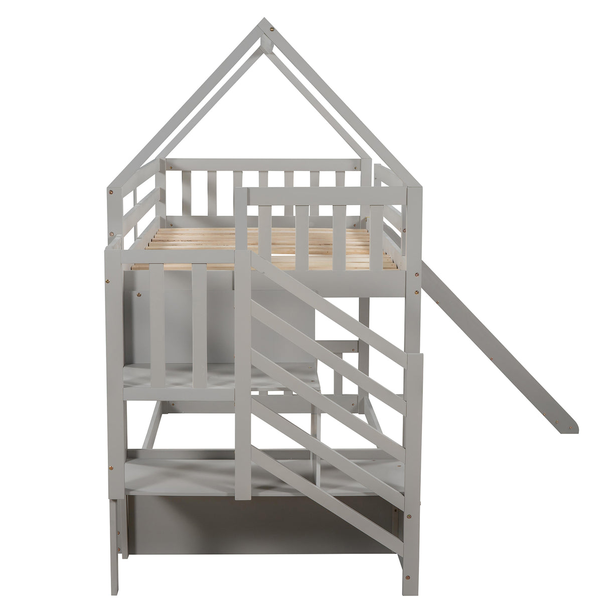 Twin over Twin House Bunk Bed with Slide and Storage Staircase,Grey - Home Elegance USA