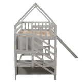 Twin over Twin House Bunk Bed with Slide and Storage Staircase,Grey - Home Elegance USA