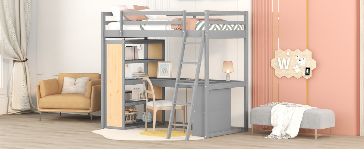 Twin Size Loft Bed with Ladder, Shelves, and Desk, Gray - Home Elegance USA