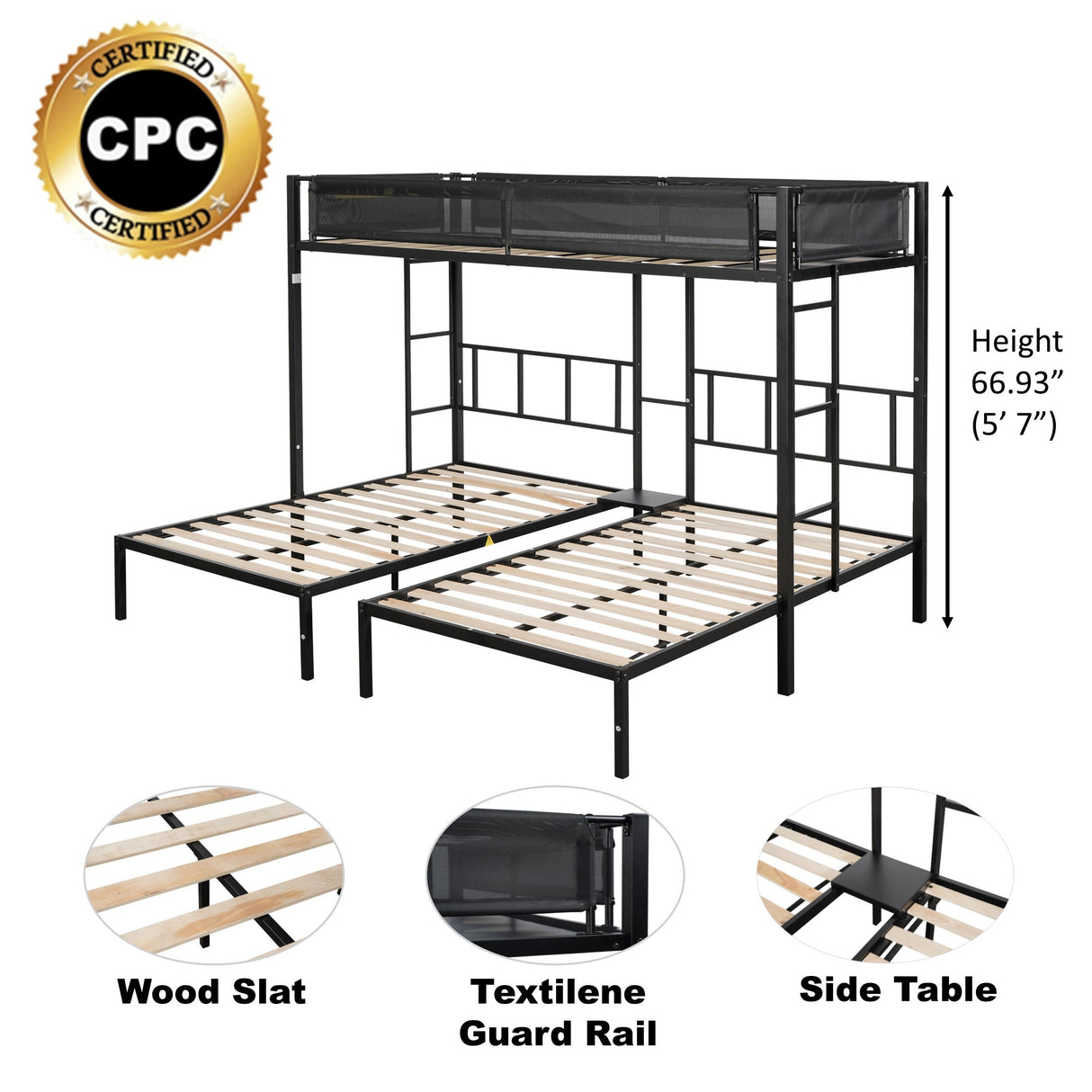 Triple twin bunk bed (Wood Slat and Textilene Guardrail) - Home Elegance USA