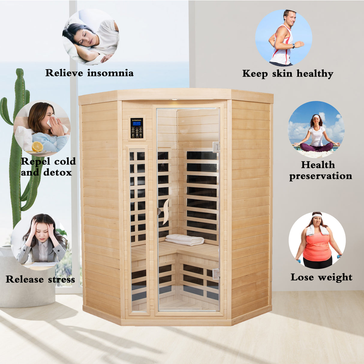 Pentagonal  Canadian hemlock sauna room.Far Infrared Sauna 7 Low EMF Heaters, Wooden Sauna Room 1600 Watt, Chromotherapy, Bluetooth Speaker, LCD, LED.Celsius can be converted to Fahrenheit.