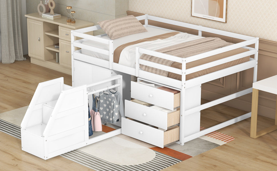 Full Size Functional Loft Bed with Cabinets and Drawers, Hanging Clothes at the back of the Staircase, White - Home Elegance USA