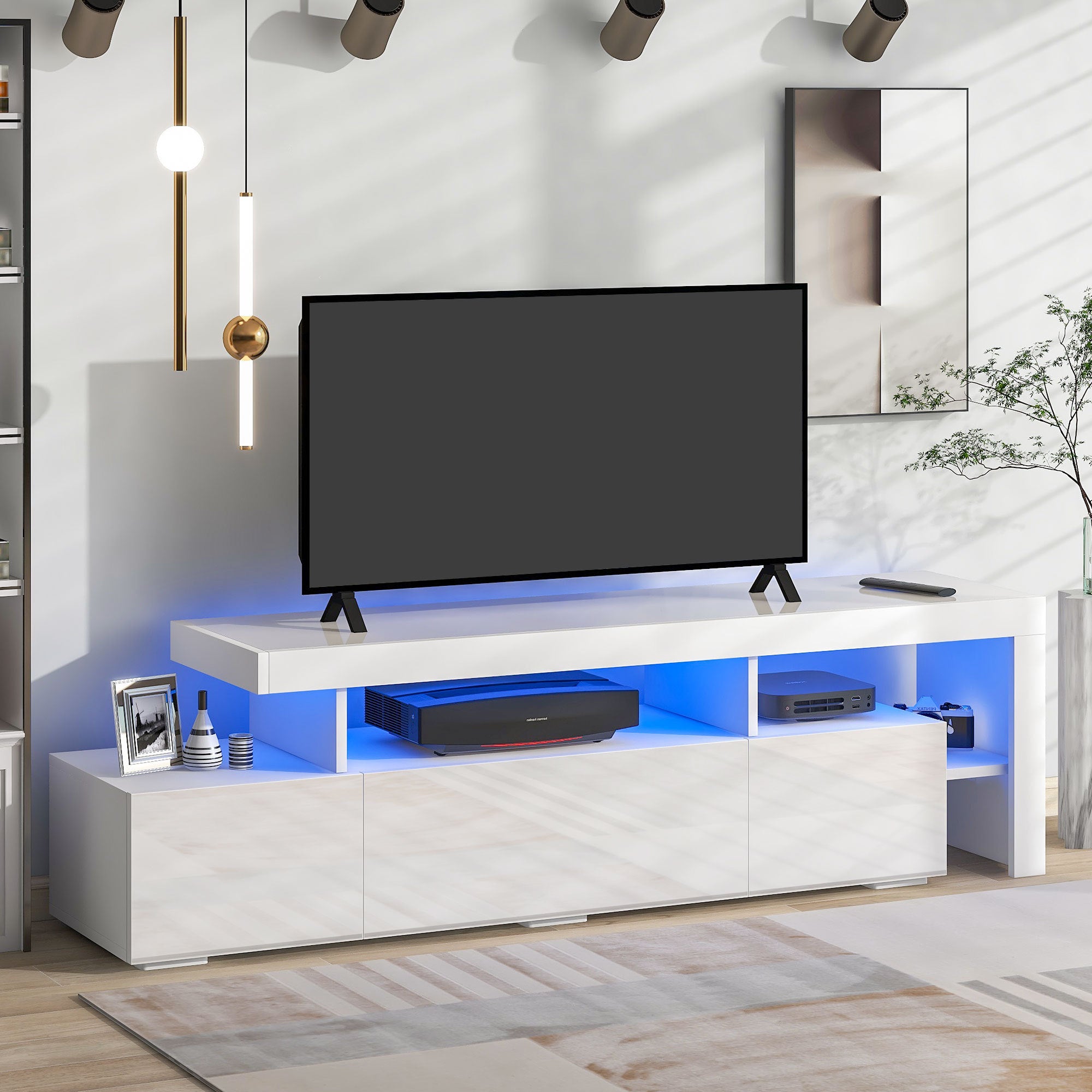 ON-TREND Modern Style 16-colored LED Lights TV Cabinet， UV High Gloss  Surface Entertainment Center with DVD Shelf，, Up to 70 inch TV, White