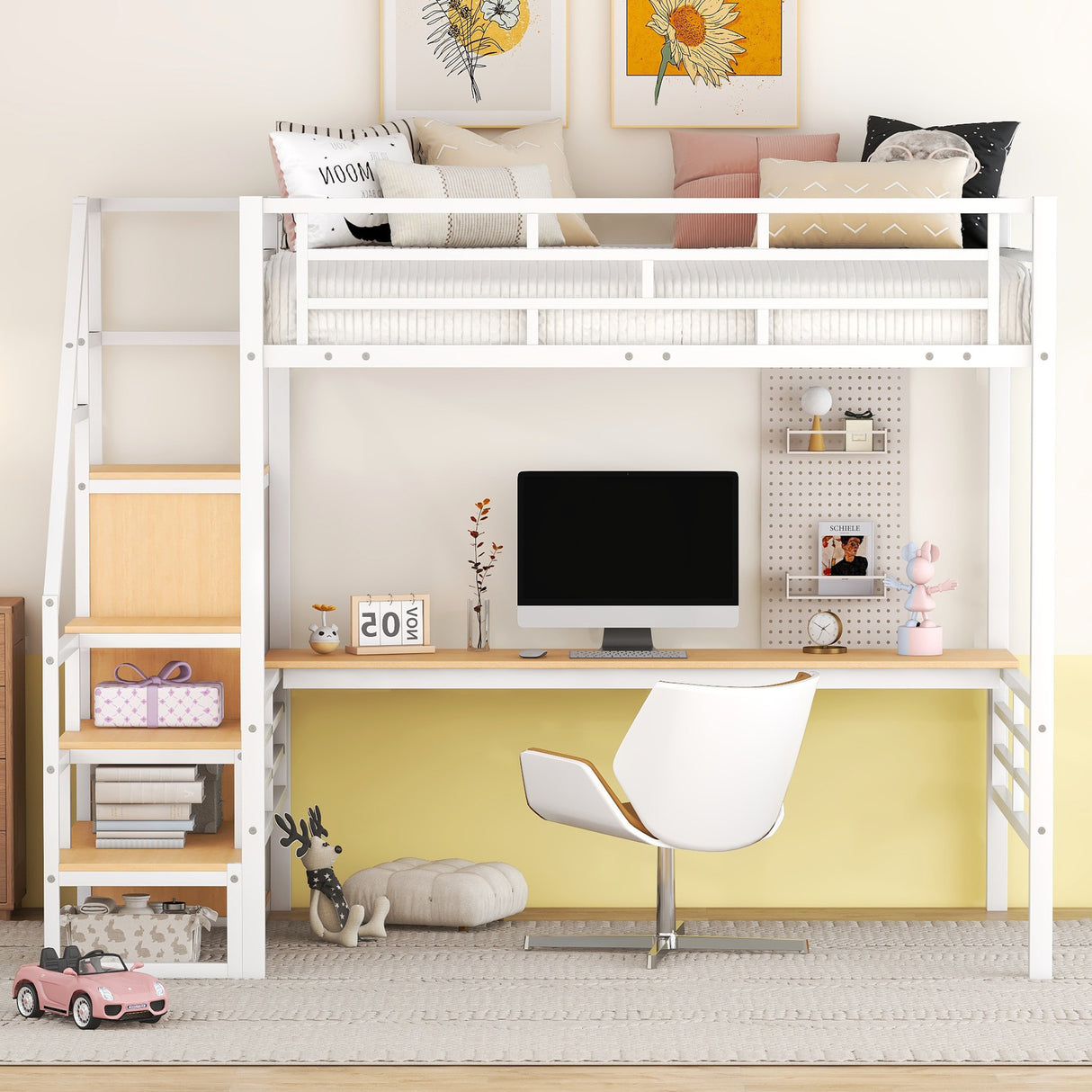 Full Size Metal Loft Bed with Desk, Storage Staircase and Small Wardrobe, Storage stairs can be installed left and right, White - Home Elegance USA