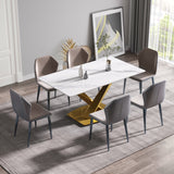 63-inch modern artificial stone white straight edge golden metal X-leg dining table -6 people - Home Elegance USA