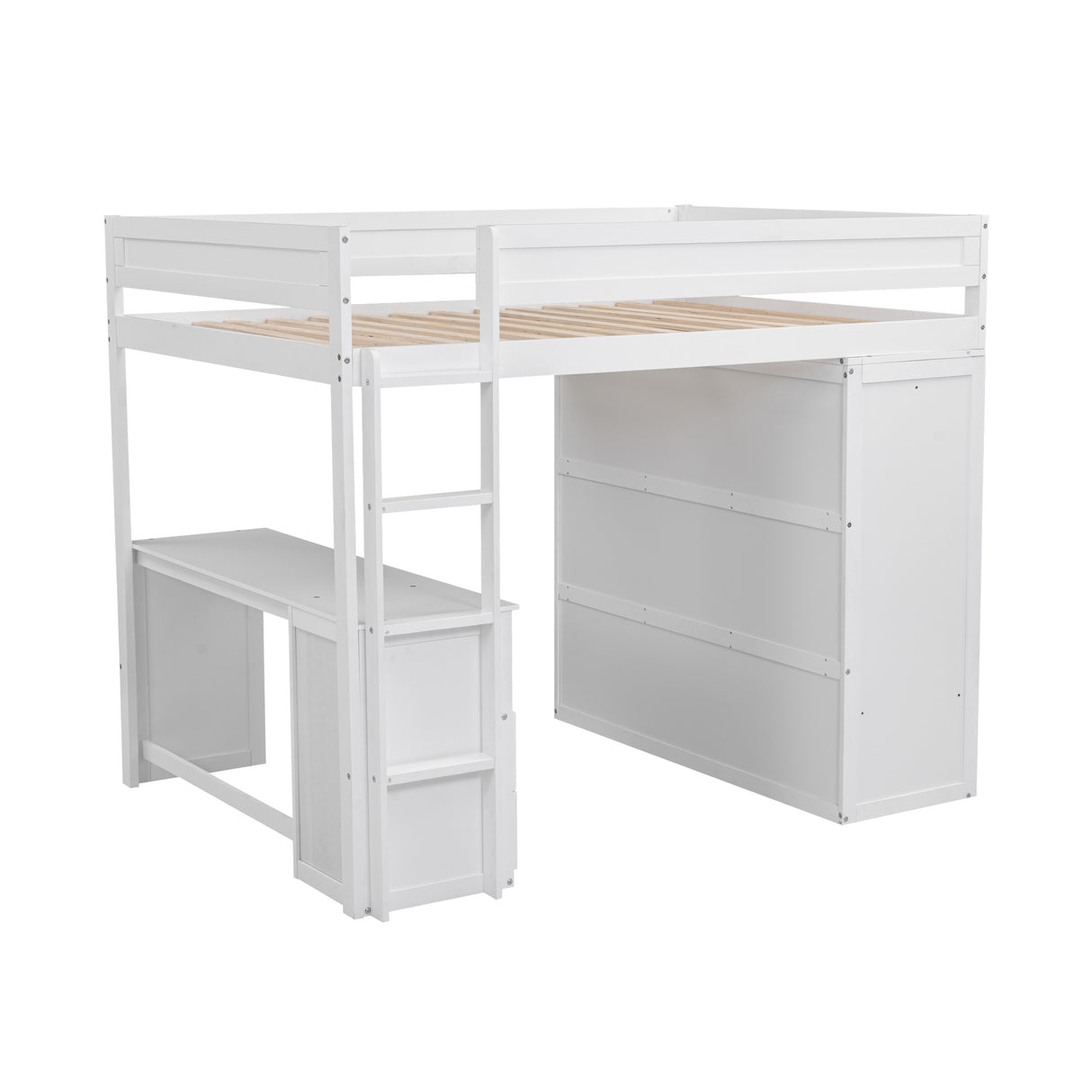 Wood Full Size Loft Bed with Wardrobes and 2-Drawer Desk with Cabinet, White - Home Elegance USA